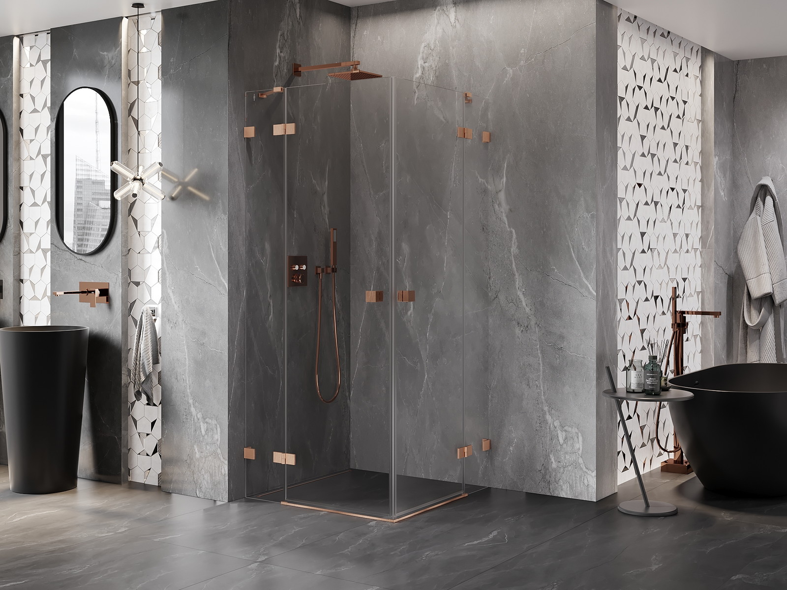 Mexen Lunar Duo 100 x 100 cm Swing Shower Enclosure, Transparent, Brushed Copper - 834-100L-100P-65-00